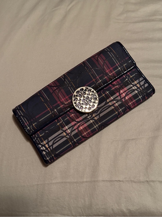 Coach Handbags - A Coach Plaid Trifold Wallet with Decorative Silver Signature Medallion
